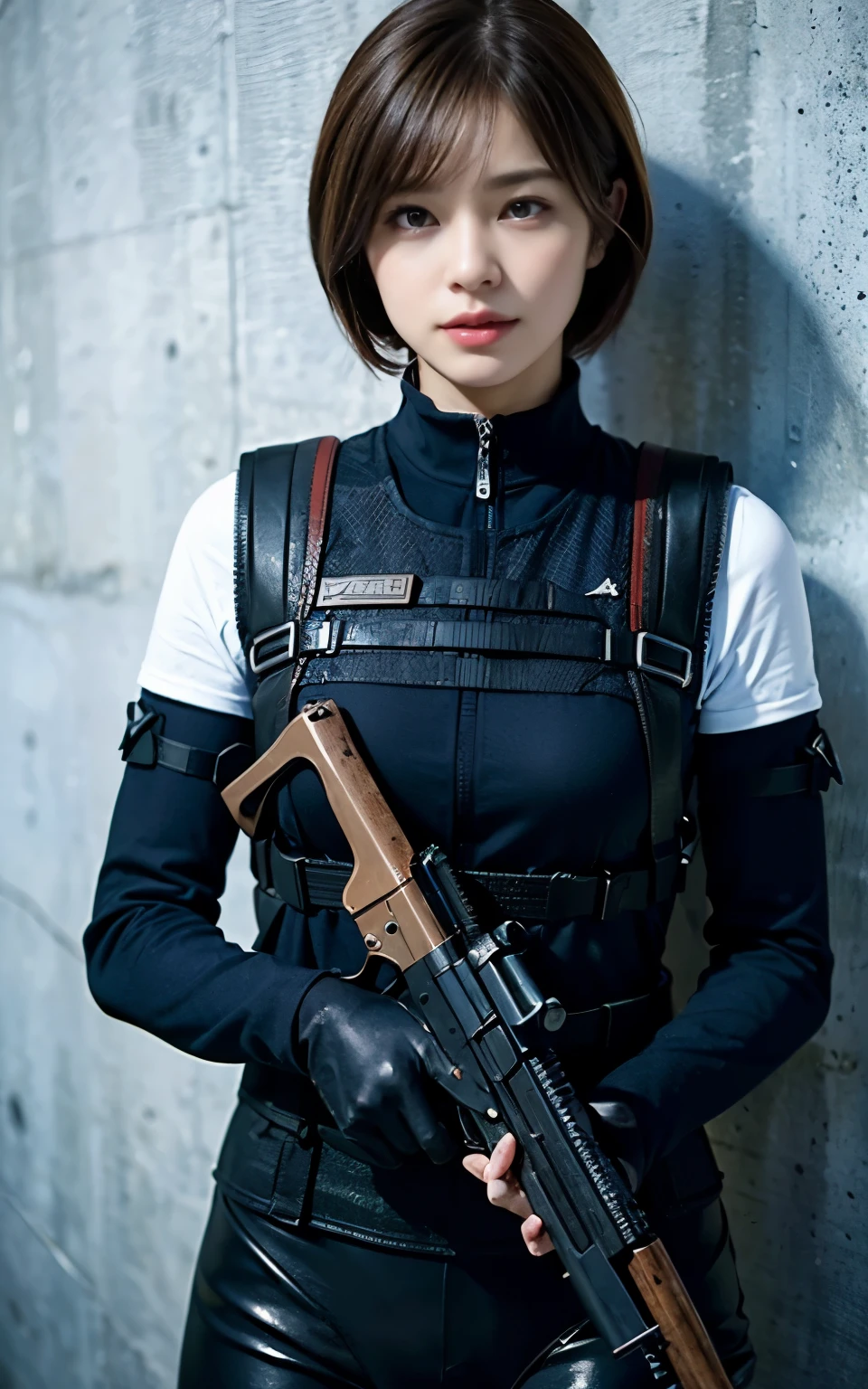 ((Best Quality, 8K, Masterpiece: 1.3)), ((best quality)), photorealistic, photorealism, Photorealistic, high resolution, 1lady aiming with an ak-47 assault rifle, 40 yo, Combat pose, looking at the camera, (Detailed face), short hair, (wearing red rubber suit, tactical vests, military harness, black gloves, high-tech headset), cloths color based on black dark blue), revealed thigh, Gun, Fingers are occluded, concrete wall background,