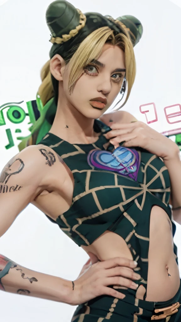 a woman in a black top and green pants with tattoos, in jojo\'s bizarre adventure, gyro zeppeli, giorno giovanna, cammy, jojo anime style, posing as a jojo character, joseph joestar, jojo style, dio brando, jojo\'s bizarre adventure, jojo's bizarre adventure, jojo's bizarre adventures, jojo bizarre adventure, jjba