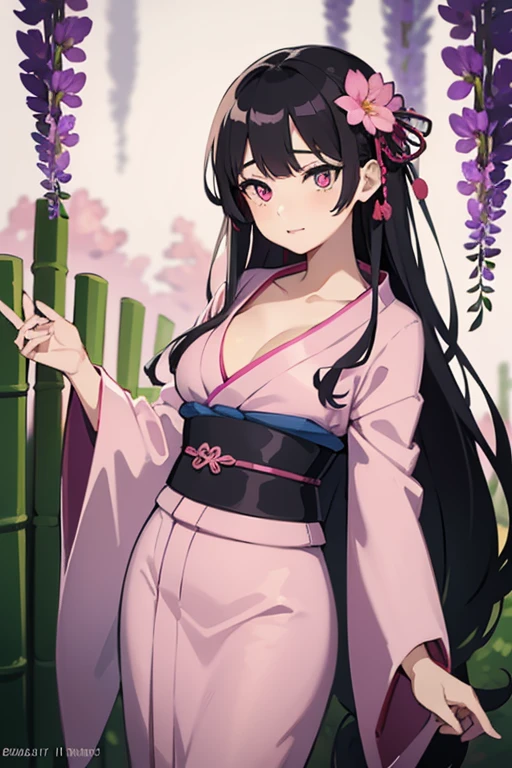 masterpiece, (pink kimono), seductive face, good lighting, décolleté, fine details, masterpiece, glowing eyes, 1girl, black hair, gag, bamboo, Nezuko Kamado, wisteria background, masterpiece, best quality, POV, whole body, wide hips,