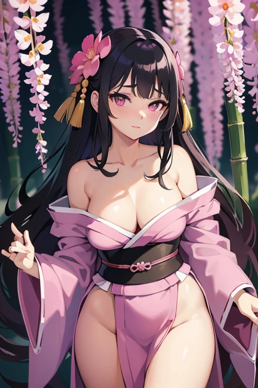 masterpiece, (pink kimono), seductive face, good lighting, décolleté, fine details, masterpiece, glowing eyes, 1girl, black hair, gag, bamboo, Nezuko Kamado, wisteria background, masterpiece, best quality, POV, whole body, wide hips,