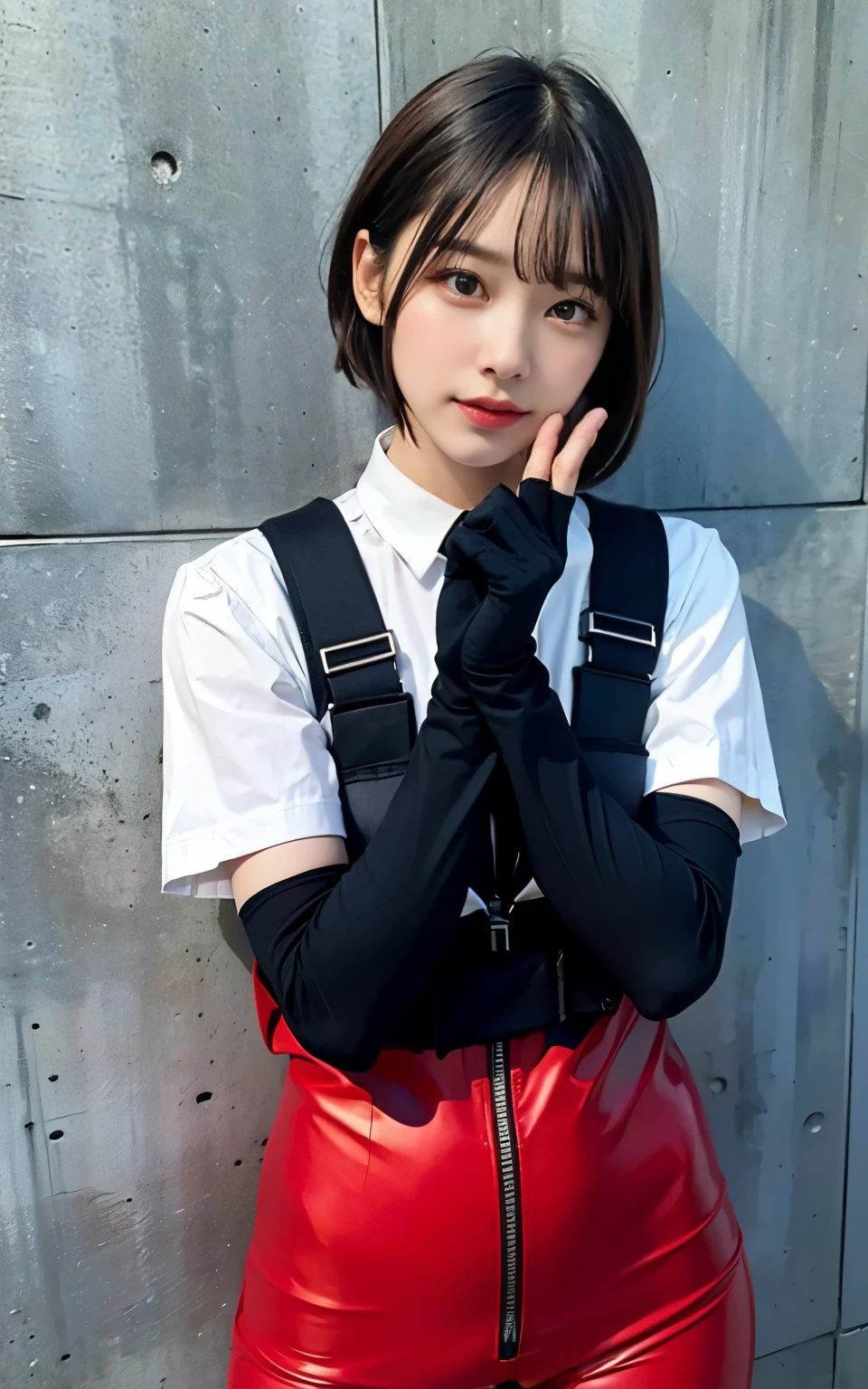 ((Best Quality, 8K, Masterpiece: 1.3)), ((best quality)), photorealistic, photorealism, Photorealistic, high resolution, 1girl aiming with an ak-47 assault rifle, Combat pose, looking at the camera, (Detailed face), short hair, (wearing red rubber suit, tactical vests, military harness, black gloves, high-tech headset), cloths color based on black dark blue), revealed thigh, Gun, Fingers are occluded, concrete wall background,
