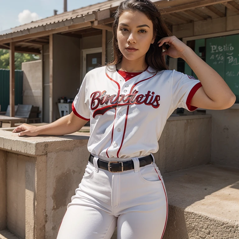 Please create an original designed baseball uniform stylized as a 1940s uniform, white pants and red shirts