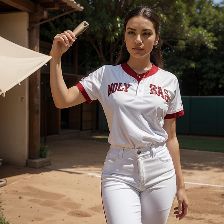 Please create an original designed baseball uniform stylized as a 1940s uniform, white pants and red shirts