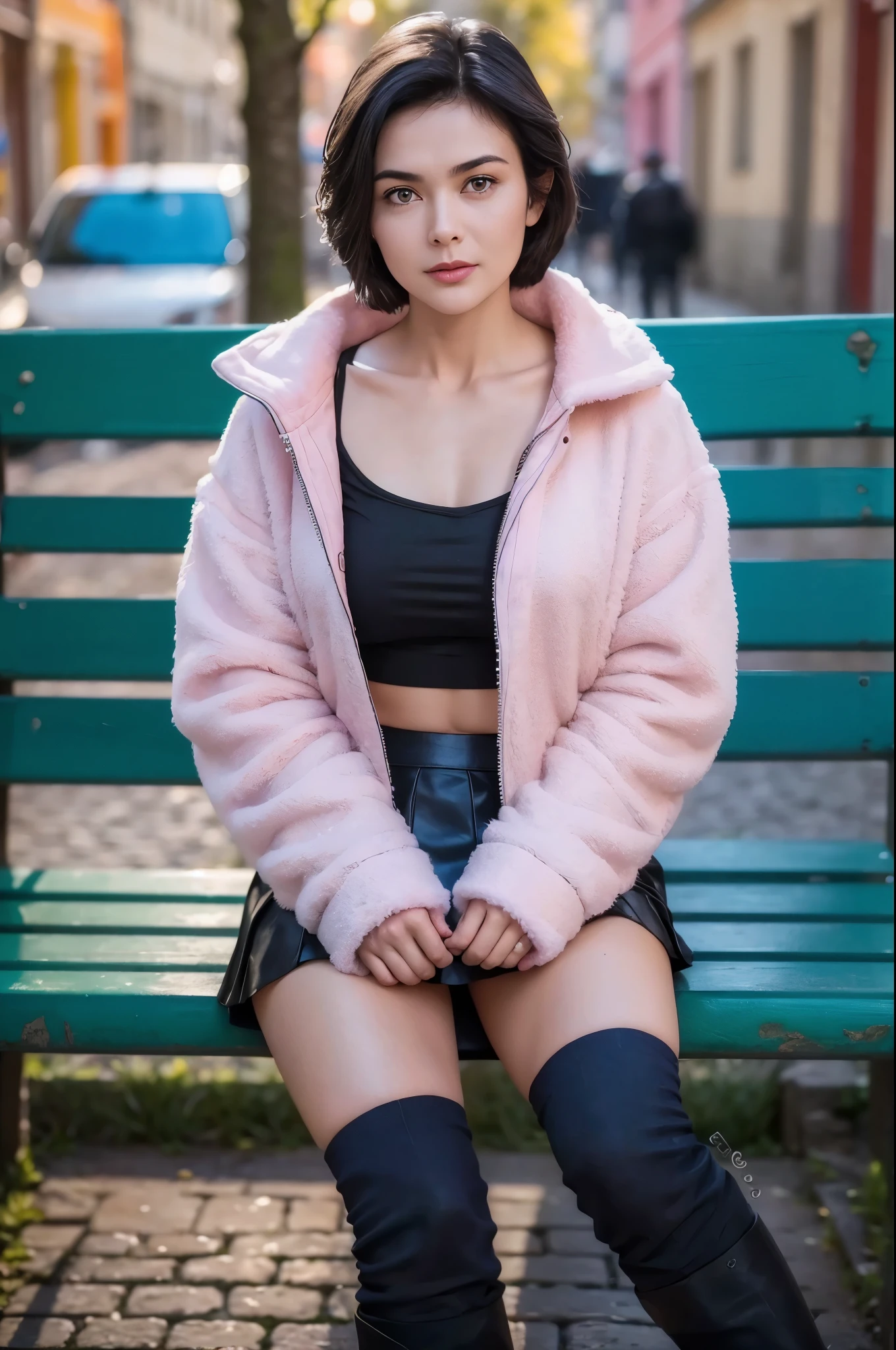 gorgeous cute Austrian girl, (white crop top), short black loose hair, wears a white top and pink skirt, siting on the bublic bench on the street , short skirt and pink fluffy jacket, looking towards camera , simple sitting pose, both hands has simple pose style according to body pose, all body parts are perfect, highly detailed, hdr ,perfectly symmetrical face, realistic detailed skin, vivid colours, HDR, hard shadows, art photography, sharp focus, masterpiece, breathtaking, atmospheric perspective, diffusion, pore correlation, skin imperfections, 80mm Sigma f2, depth of field, intricate natural lighting,
Potrait camera angle 