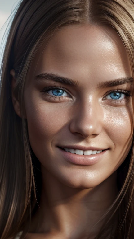 full portrait of young Norwegian woman, smiling, skin pores, dramatic lighting, ambient occlusion, high level of detail, intricate skin details, skin imperfections, beautiful face and fascinating eyes, sharp details, hyper realistic, sharp focus , Perfect detailed anatomy, perfect detailed face, Perfect details, eyes, Octane rendering, 8k, masterpiece, Highest quality.