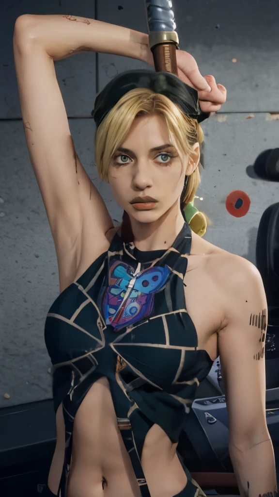 a woman in a black bikini top holding a sword, in jojo\'s bizarre adventure, jojo anime style, giorno giovanna, in a mixed style of æon flux, looking like annie leonhart, annie leonhart, style mix of æon flux, posing as a jojo character, jojo bizarre adventure, cammy, jojo's bizarre adventure
