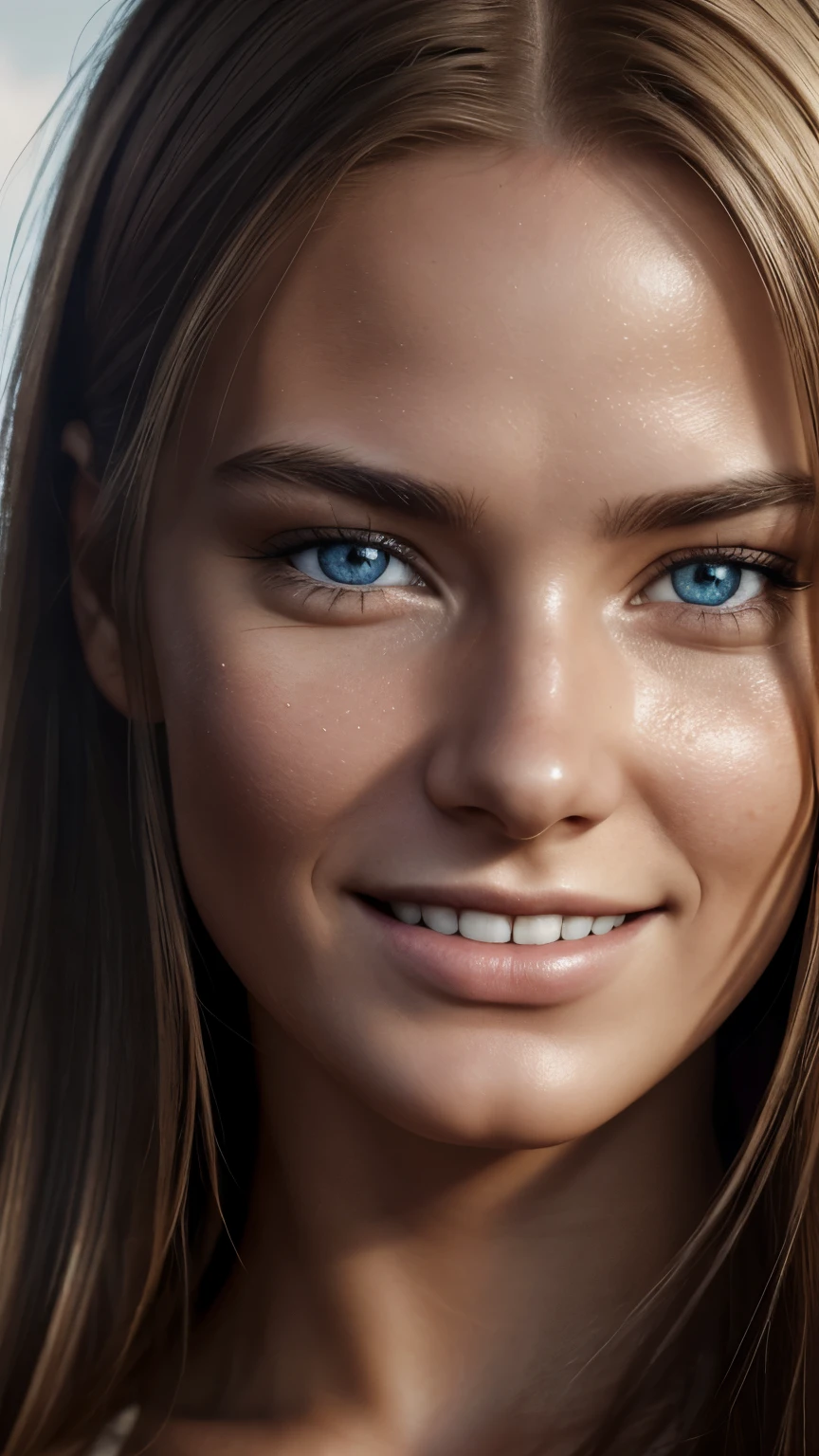 full portrait of young Norwegian woman, smiling, skin pores, dramatic lighting, ambient occlusion, high level of detail, intricate skin details, skin imperfections, beautiful face and fascinating eyes, sharp details, hyper realistic, sharp focus , Perfect detailed anatomy, perfect detailed face, Perfect details, eyes, Octane rendering, 8k, masterpiece, Highest quality.