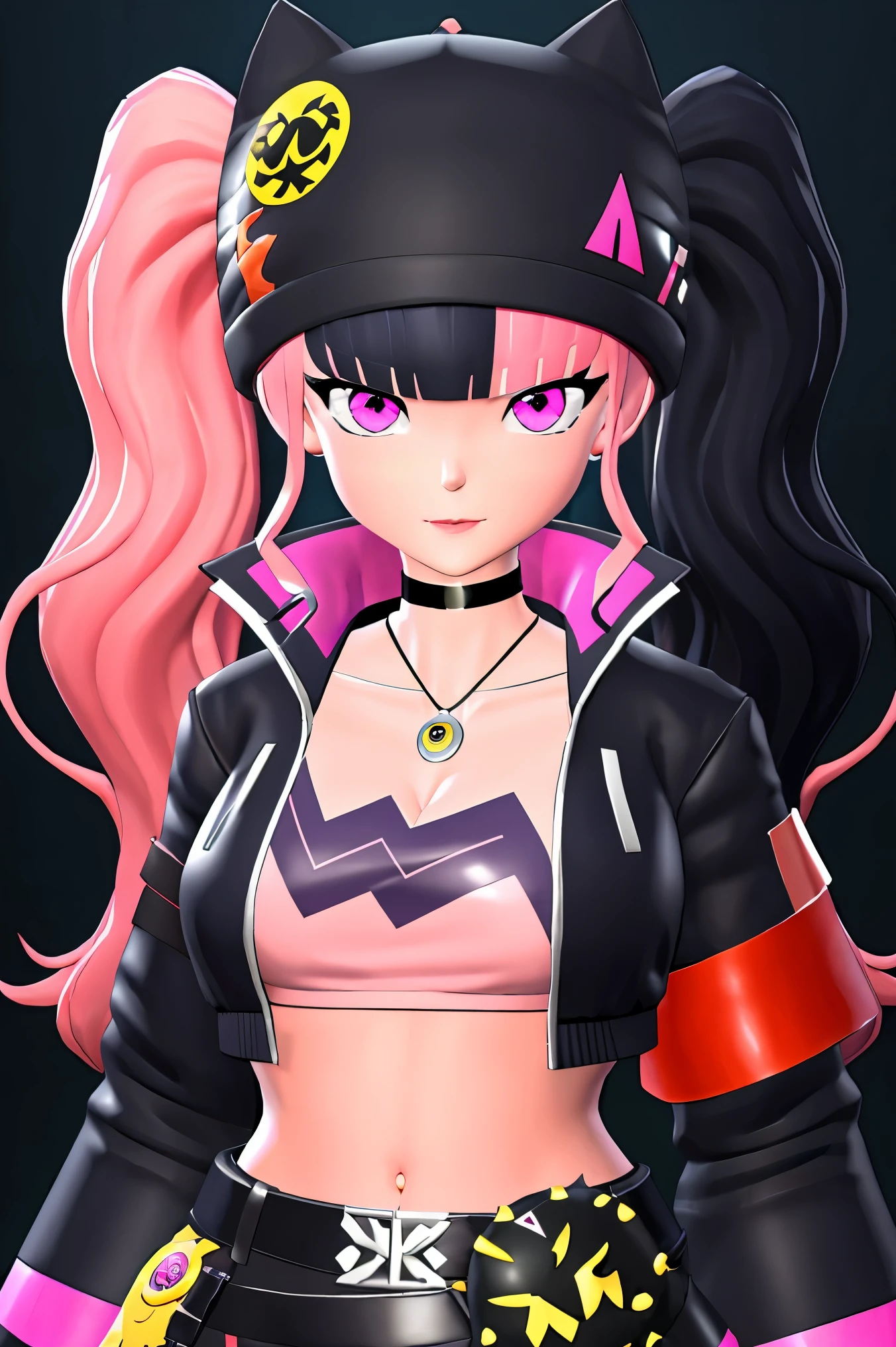 masterpiece, best quality,ZOE,1girl,jacket,multicolored hair,twintails,solo,black hair,black belt,black jacket,pink eyes,belt,hat,pink hair,choker,black choker,looking at viewer,crop top,jewelry,breasts,necklace,bangs,long hair,black headwear