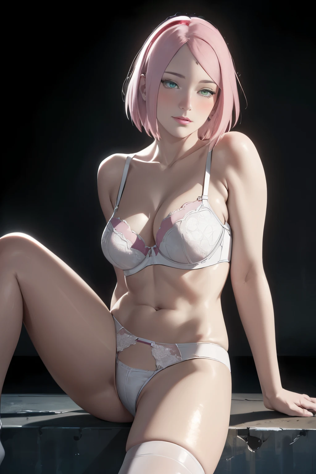 masterpiece, absurdres, sakura\(boruto\), 1girl, solo,mature female, gothic white bra lenjerie, detailed gothic white thong lenjerie, purple gothic detailed, no shirt, open white clothes, gothic white outfit), perfect composition, detailed lips, breast, beautiful face, body propotion, blush, (pink lips), short hair,  green eyes,  soft gaze,  super realistic, detailed, photoshoot, realistic face and body, thighhighs, full body, erotic pose, provocative pose, waiting sex pose, dark background 