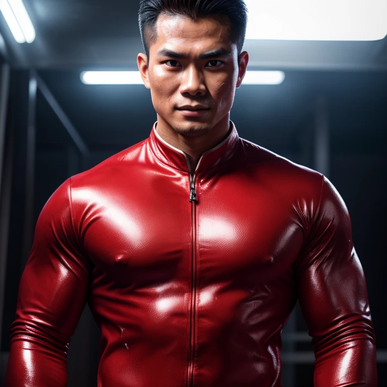 (best quality, highres, detailed:1.2), realistic, detailed face, 20-year-old handsome Vietnamese man in a red suit, strikingly clear, cool, looking into the camera, shining eyes, perfect physique glistening with sweat, gel-covered, large penis ejaculating, artistic portrayal, vivid colors, professional photography, dark and moody lighting