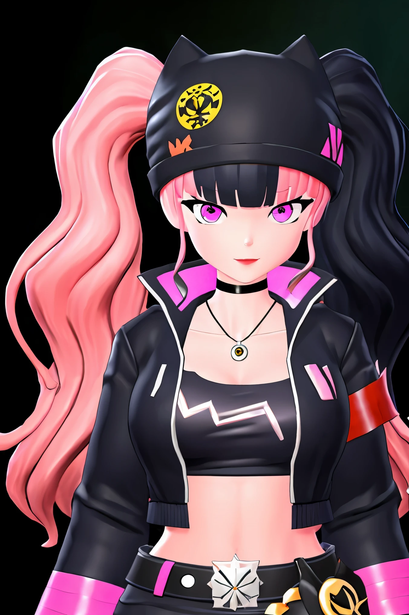 masterpiece, best quality,ZOE,1girl,jacket,multicolored hair,twintails,solo,black hair,black belt,black jacket,pink eyes,belt,hat,pink hair,choker,black choker,looking at viewer,crop top,jewelry,breasts,necklace,bangs,long hair,black headwear