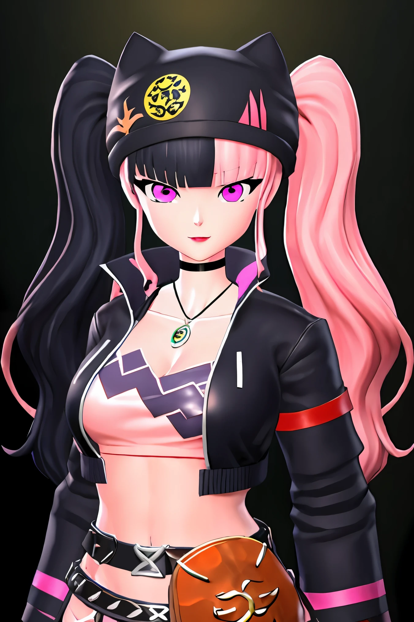 masterpiece, best quality,ZOE,1girl,jacket,multicolored hair,twintails,solo,black hair,black belt,black jacket,pink eyes,belt,hat,pink hair,choker,black choker,looking at viewer,crop top,jewelry,breasts,necklace,bangs,long hair,black headwear