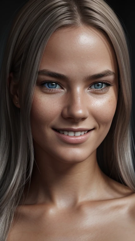 full portrait of young Norwegian woman, smiling, skin pores, dramatic lighting, ambient occlusion, high level of detail, intricate skin details, skin imperfections, beautiful face and fascinating eyes, sharp details, hyper realistic, sharp focus , Perfect detailed anatomy, perfect detailed face, Perfect details, gray eyes, Octane rendering, 8k, masterpiece, Highest quality.