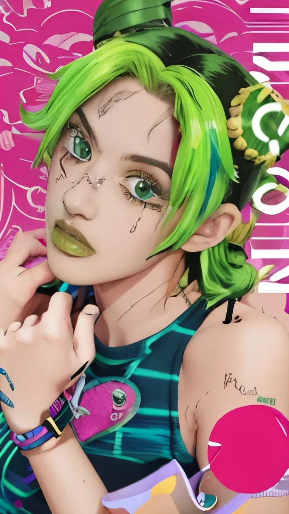 a cartoon girl with green hair and a pink background, style of jojolion cover art, lucio as a woman, jojo anime style, jojo cover art, decora inspired illustrations, loish |, jojo style, colored manga art, manga cover style, full color manga cover, artgerm colorful!!!, sh, colored manga, manga art style