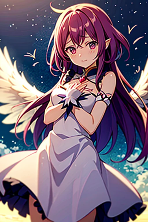 An anime-style magical girl who wants to fly away with her own wings, spreads her big wings, puts her arms parallel to her chest, blushes shyly, and presses on hard, but doesn&#39;t fly away.