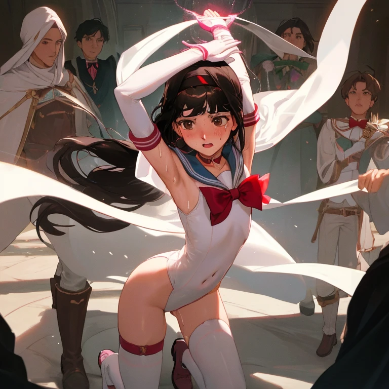 {{{{amazing quality, great quality, high quality, very aesthetic, aesthetic, best quality}}}},
realistic, photo, shadow, Three-dimensional, absurdres, Digital art,
{{{{Magical girl}}}}, beautiful girl, one girl,
black hair, long hair, straight hair, trimmed hair, shiny hair, blunt bangs, short sideburns,
brown eyes, tareme,
{{flat chest}}, {{small breasts}}, {{detailed body}}, slim thighs, thin thighs,
{{white leotard}, {leotard peek}}, {{pink sailor collar}}, {{pink elbow_gloves}}, {{red boots}},
ribbon trim, red bow tie, heart brooch, thigh strap, white headband, white circlet, white cloak,
{{both shoulders expose}}, {{covered navel}},
{{magic circle}}, distress, resistance, defeat, sexual pleasure, troubled face,
orgasm, sensitive body, Sweat, trembling, 1girl, arms up, 5boys, enemies, attack, touch, caress, fondles, breast grab, grabbing another's breast, crotch grab, fuck,