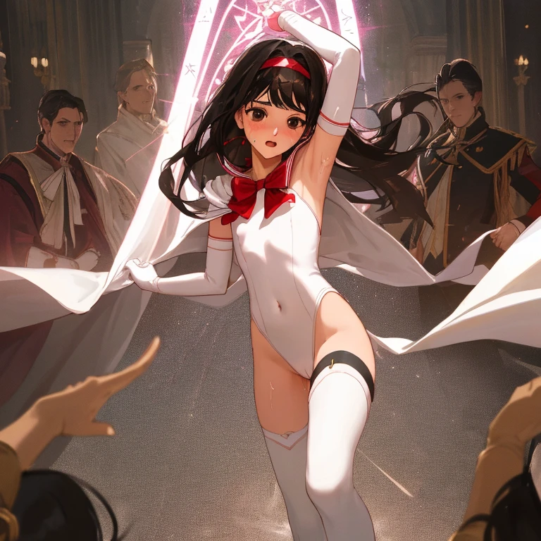 {{{{amazing quality, great quality, high quality, very aesthetic, aesthetic, best quality}}}},
realistic, photo, shadow, Three-dimensional, absurdres, Digital art,
{{{{Magical girl}}}}, beautiful girl, one girl,
black hair, long hair, straight hair, trimmed hair, shiny hair, blunt bangs, short sideburns,
brown eyes, tareme,
{{flat chest}}, {{small breasts}}, {{detailed body}}, slim thighs, thin thighs,
{{white leotard}, {leotard peek}}, {{pink sailor collar}}, {{pink elbow_gloves}}, {{red boots}},
ribbon trim, red bow tie, heart brooch, thigh strap, white headband, white circlet, white cloak,
{{both shoulders expose}}, {{covered navel}},
{{magic circle}}, distress, resistance, defeat, sexual pleasure, troubled face,
orgasm, sensitive body, Sweat, trembling, 1girl, arms up, 5boys, enemies, attack, touch, caress, fondles, breast grab, grabbing another's breast, crotch grab, fuck,