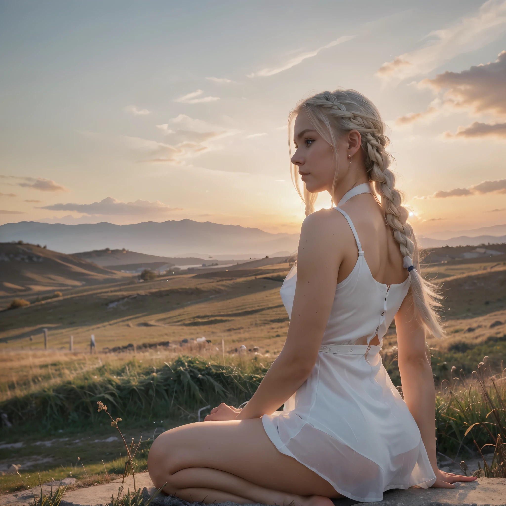 8k, RAW photo, best quality, ultra high resolution, photorealistic, realistic photo of skinny blonde slavec girl sitting in wheet field, most beautiful slavec girl in the world, (slavec blonde girl, slim face, blue eyes, long braid, single braid hair), sitting in the wheet field, sunset, (full body portrait), (photo from the side), wearing white dress, (white see thru dress), wearing white hair band, white hair band, looking at sunset, sexy face, sexy pose, (extremely detailed CG unity 8k wallpaper), 8k uhd, dslr, bright lighting, high quality, Fujifilm XT3 sharp focus, f 5.6, High Detail, Sharp focus, (natural bright light)
