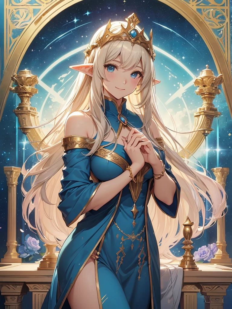 highest quality、Highest image quality、masterpiece、Super beautiful elf beauty from behind((22 years old OL big bust、bust 90,beautiful long ironed hair、blonde、globe、、slender、Close-up、Esbian、beautiful tiara、High quality、beautiful art、background((starry ski)))muste piece、visual art、Depth of bounds written、low angle of morning sky、、elf ears、、magic of light、space knight、harp melody🎵、A happy smile、gentle light、、Beautiful legs that are gentle on the skin、、、Number of fingers to achieve precise finger movements、ticker beautiful decorative、elegant、mystical rosa、 heaven、marble columns, beautiful dressy、blue dress、magnificent marble dome、giant galaxy、、temple of time、great watch、hourglass、sundial、moment of creation!myth、alphonse mucha art、art nouveau、ancient greece、Rome、byzantine art、gold foil、Raphael's paintings、renaissance art、Lord of the Ring、sexy、friendly smile、fairy forest、Summer Forest、massive trees、many branches and leaves、flower、super REALITY