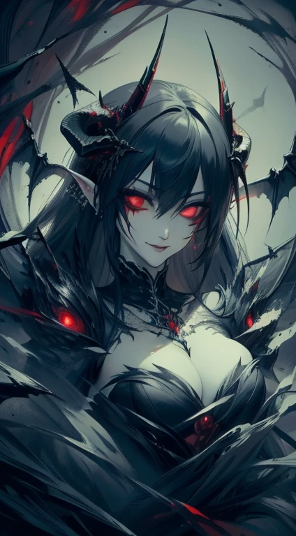 (masterpiece), dark arts, demonic atmosphere, feminine, beautiful detailed eyes, beautiful detailed lips, extremely detailed face, sharp focus, evil smile, vivid colors, fine art painting, horror, gothic, low-key lighting, color tone red, detailed makeup, horns, black wings, exquisite details, gloomy background, moody environment