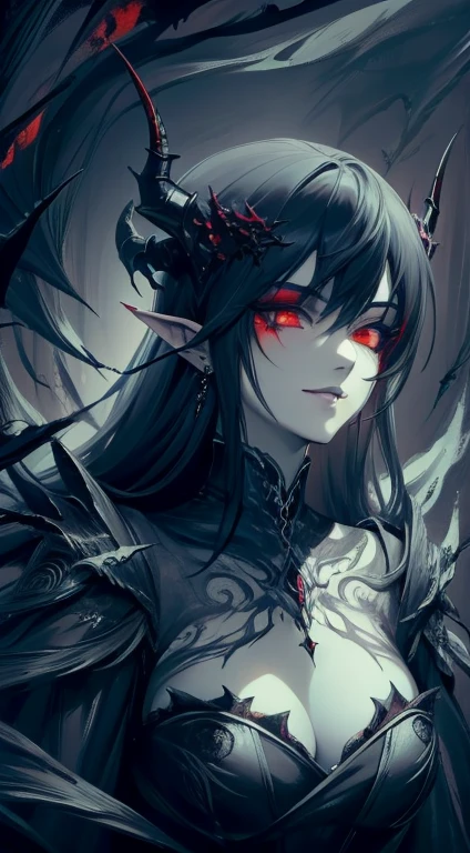 (masterpiece), dark arts, demonic atmosphere, feminine, beautiful detailed eyes, beautiful detailed lips, extremely detailed face, sharp focus, evil smile, vivid colors, fine art painting, horror, gothic, low-key lighting, color tone red, detailed makeup, horns, black wings, exquisite details, gloomy background, moody environment