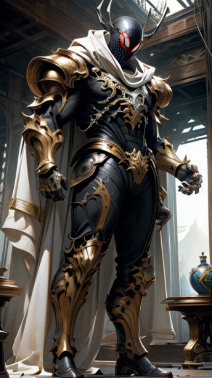 Full body shot of Spider-Man in white and gold armor style costume, no mask, white cape, looking at center camera, perfect composition, beautiful detailed intricately detailed octane render trending on artstation, fine art photography 8K, photorealistic concept art, soft natural volumetric cinematic perfect light, chiaroscuro, award winning photography, masterpiece, oil on canvas, Raphael, Caravaggio, Greg Ruttowski, Beeple, Beksinski, Giger, Trending on ArtStation, Sharp Focus, Studio Photo, Intricate details, highly detailed, city night background by Greg Rutkowski