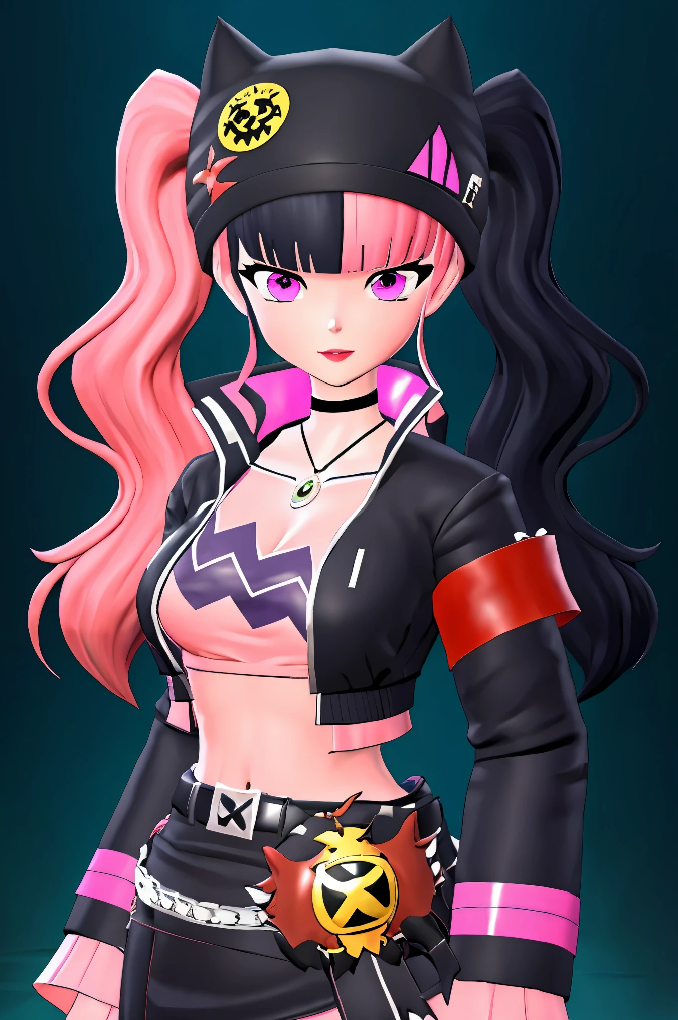 masterpiece, best quality,ZOE,1girl,jacket,multicolored hair,twintails,solo,black hair,black belt,black jacket,pink eyes,belt,hat,pink hair,choker,black choker,looking at viewer,crop top,jewelry,breasts,necklace,bangs,long hair,black headwear