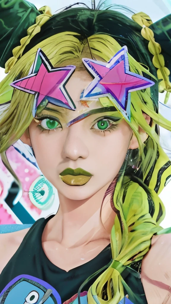 a drawing of a girl with green hair and a star on her head, decora inspired illustrations, jojo anime style, manga art style, 8 0 s anime art style, 8 0 s anime vibe, decora inspired, 90s comic book character design, coloured line art, inspired by Harumi Hironaka, striking manga artstyle