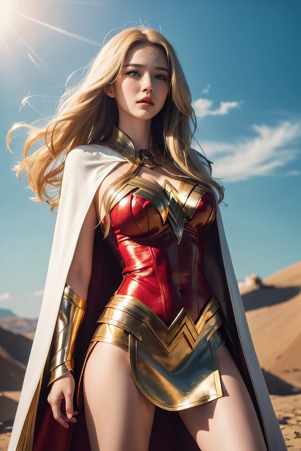 The woman's body is set with big breasts, RAW, Masterpiece, Super Fine Photo, Best Quality, Ultra High Resolution, Photorealistic Photorealism, Sunlight, 1women, charming Russian model Nata Lee, light blonde hair, Wonder women Costume Dress with a cape, Flying in the sky, 4k, Huge detail, surreal.
