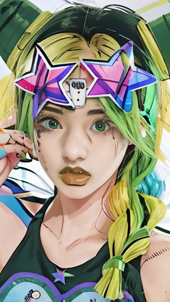 a drawing of a girl with green hair and a star on her head, decora inspired illustrations, jojo anime style, manga art style, 8 0 s anime art style, 8 0 s anime vibe, decora inspired, 90s comic book character design, coloured line art, inspired by Harumi Hironaka, striking manga artstyle