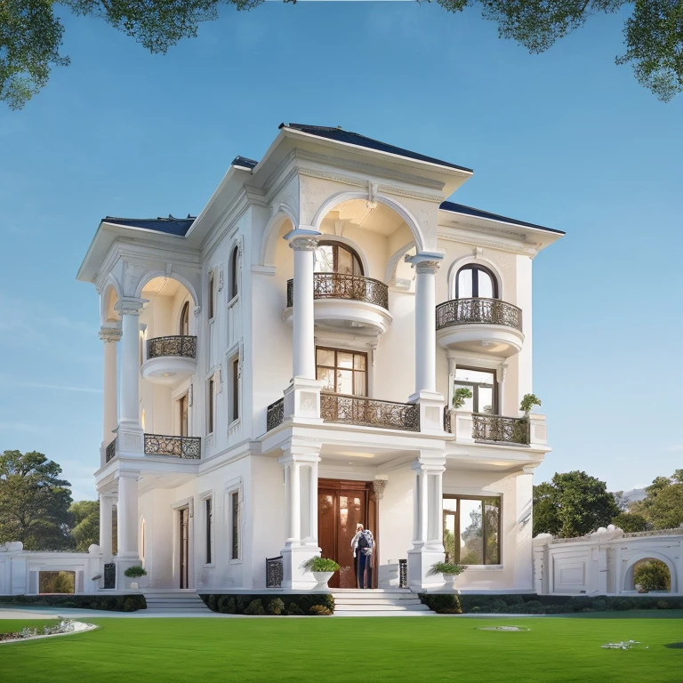 arafed white house with a large lawn and a couple standing in front of it, neo - classical style, exterior design, inter dimensional villa, architectural visualization, classicism style, overall architectural design, classicism artstyle, neoclassical style, classical style, realistic architecture, luxury architecture, neo - classical, neo-classical, stunning grand architecture, exquisite architecture