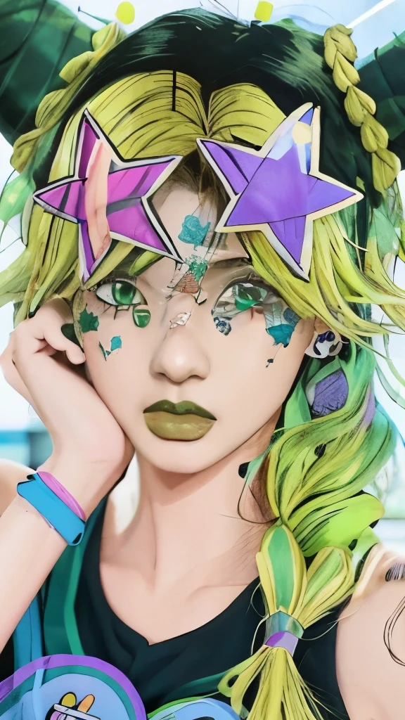 a drawing of a girl with green hair and a star on her head, decora inspired illustrations, jojo anime style, manga art style, 8 0 s anime art style, 8 0 s anime vibe, decora inspired, 90s comic book character design, coloured line art, inspired by Harumi Hironaka, striking manga artstyle