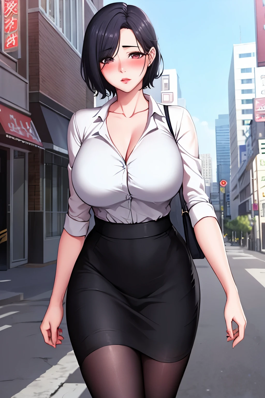 (8K, RAW photo, highest quality, masterpiece:1.2),1 girl,only,lady madura,short hair,black hair, old,neckline,white shirt,pencil skirt,black pantyhose,looking at the viewer、blush, drunk、walking in the city、teacher