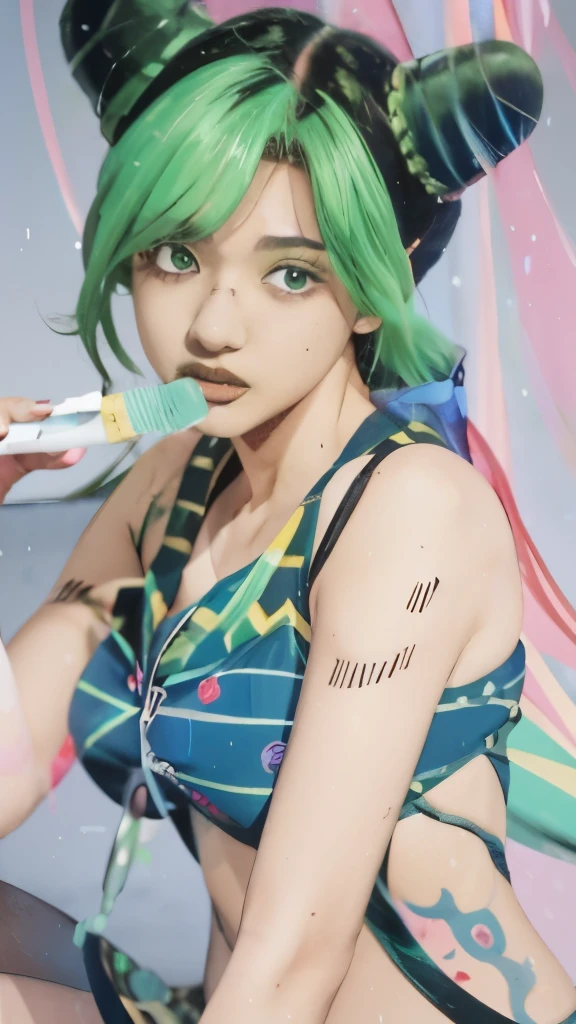 anime girl with green hair and blue dress holding a green toothbrush, 2 d anime style, rei hiroe, 2 d anime, fubuki, tatsumaki, made with anime painter studio, inspired by Rei Kamoi, jojo anime style, painted in anime painter studio, shirabii, 2d art, 2 d art, 