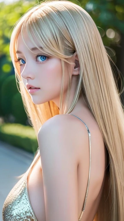 Sexy big breasts、 beautiful blonde girl sexy cute looks and cute beautiful sexy face、A strong wind blows my hair in front of my face、Beautiful long metallic blonde straight hair with huge eyes with beautiful cute sexy sparkling bright blue eyes hidden in long bangs between her eyes、