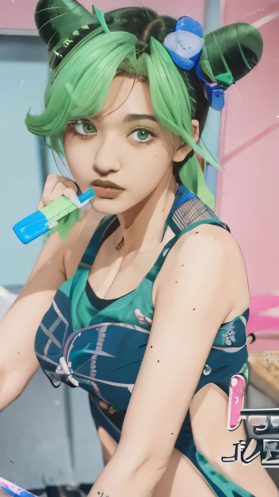 anime girl with green hair and blue dress holding a green toothbrush, 2 d anime style, rei hiroe, 2 d anime, fubuki, tatsumaki, made with anime painter studio, inspired by Rei Kamoi, jojo anime style, painted in anime painter studio, shirabii, 2d art, 2 d art, 