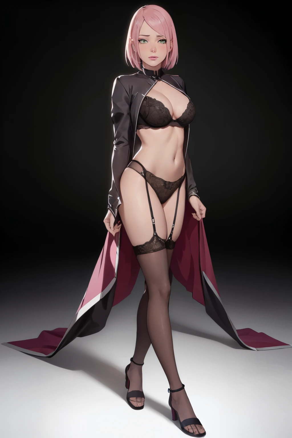 masterpiece, absurdres, sakura\(boruto\), 1girl, solo,mature female, gothic black bra lenjerie, detailed gothic black thong lenjerie, gblack gothic detailed, no shirt, open gothic clothes, gothic black outfit), perfect composition, detailed lips, breast, beautiful face, body propotion, blush, (pink lips), short hair,  green eyes,  soft gaze,  super realistic, detailed, photoshoot, realistic face and body, thighhighs, full body, erotic pose, provocative pose, waiting sex pose, dark background 