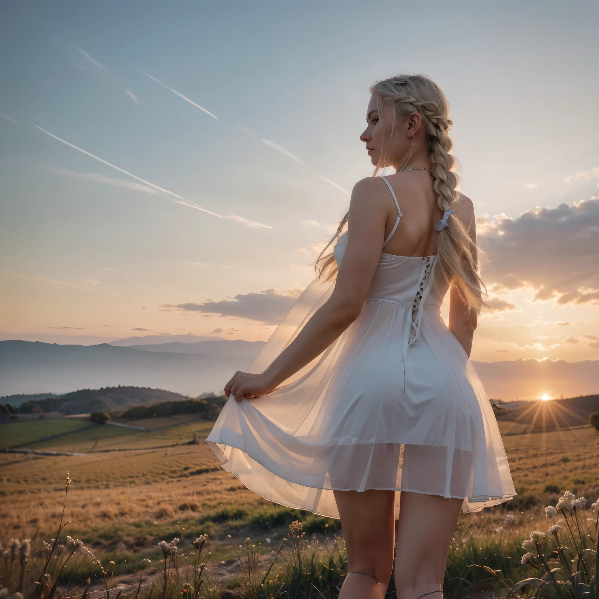 8k, RAW photo, best quality, ultra high resolution, photorealistic, realistic photo of skinny blonde slavec girl in wheet field, most beautiful slavec girl in the world, (slavec blonde girl, slim face, blue eyes, long braid, single braid hair), in the wheet field, sunset, (full body portrait), (photo from behind), wearing white dress, (white see thru dress), wearing white hair band, white hair band, looking at sunset, sexy face, sexy pose, (extremely detailed CG unity 8k wallpaper), 8k uhd, dslr, bright lighting, high quality, Fujifilm XT3 sharp focus, f 5.6, High Detail, Sharp focus, (natural bright light)