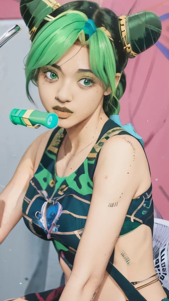 anime girl with green hair and blue dress holding a green toothbrush, 2 d anime style, rei hiroe, 2 d anime, fubuki, tatsumaki, made with anime painter studio, inspired by Rei Kamoi, jojo anime style, painted in anime painter studio, shirabii, 2d art, 2 d art, 