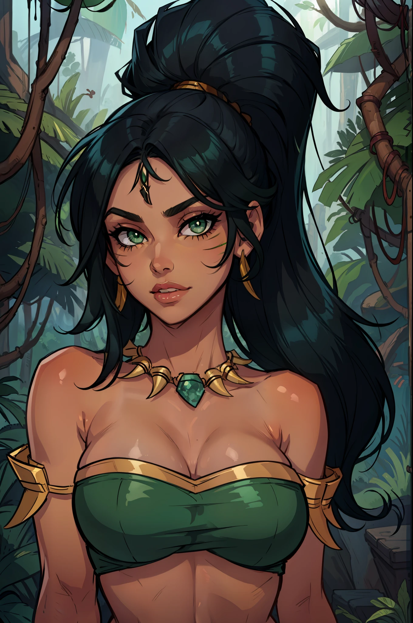 jungle, nidalee, league of legends, absurdres, highres, 1girl, bare shoulders, black hair, facial mark, green gem in forehead, green eyes, jewelry, long hair, necklace, ponytail, solo, tooth necklace, very long hair, hairband, masterpiece, best quality, portrait, beautiful face, dark skin, face close-up