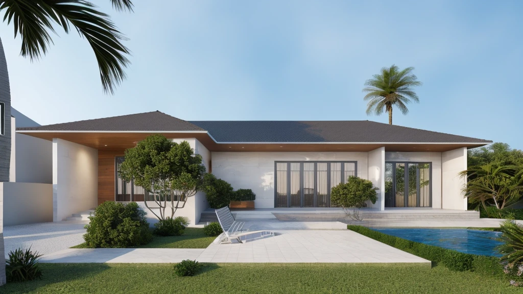 glass door, concrete, wood wall,white, modern villa, palm, plant, beautiful sky, wood facade, architecture, beautiful, masterpiece, best quality, super detailed, realistic, photorealistic, 8k, sharp focus