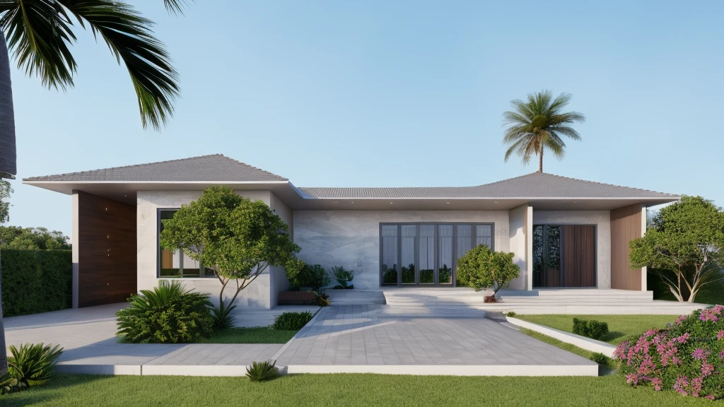 glass door, concrete, wood wall,white, modern villa, palm, plant, beautiful sky, wood facade, architecture, beautiful, masterpiece, best quality, super detailed, realistic, photorealistic, 8k, sharp focus