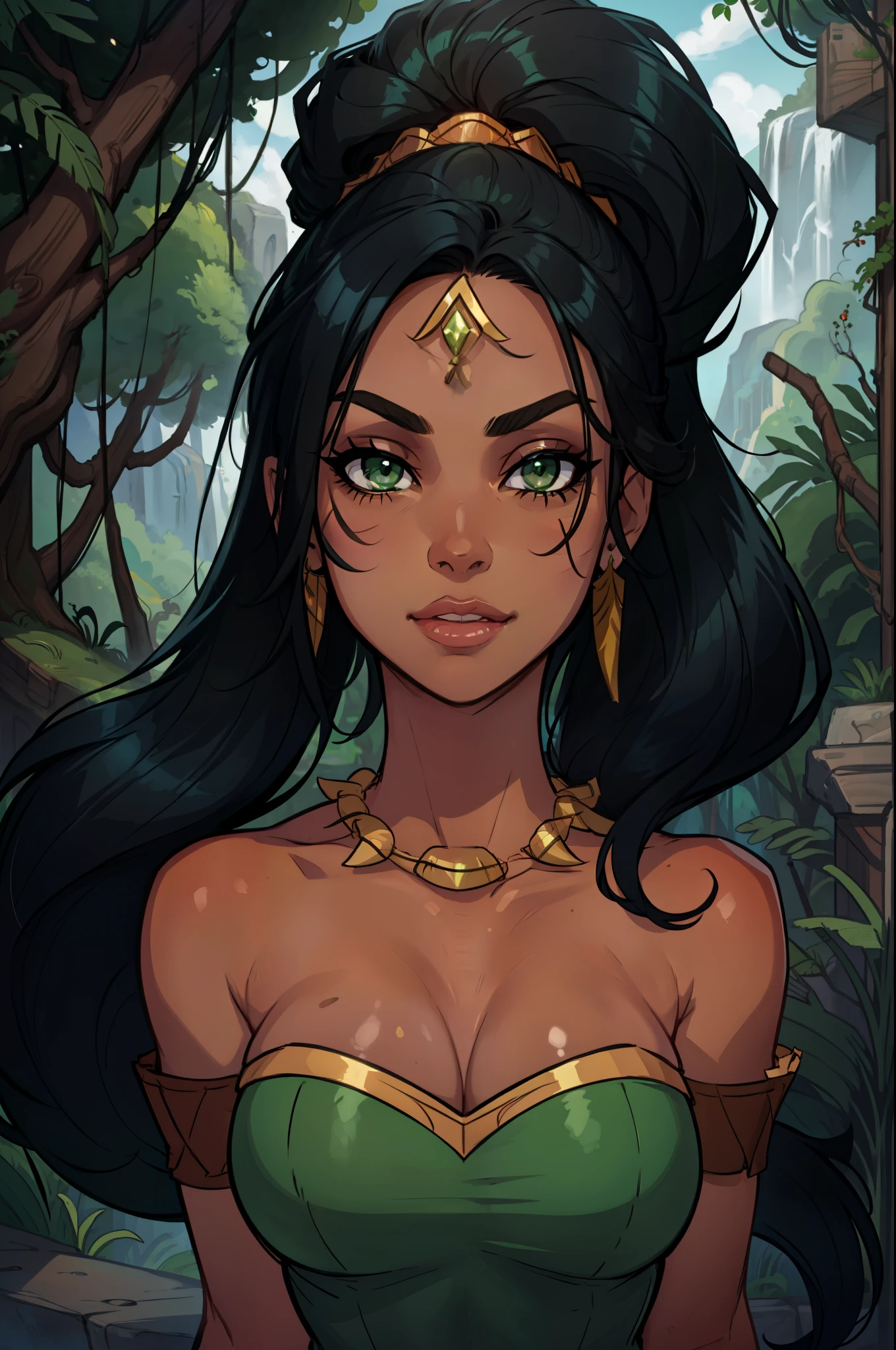 jungle, nidalee, league of legends, absurdres, highres, 1girl, bare shoulders, black hair, facial mark, green gem in forehead, green eyes, jewelry, long hair, necklace, ponytail, solo, tooth necklace, very long hair, hairband, masterpiece, best quality, portrait, beautiful face, dark skin, face close-up