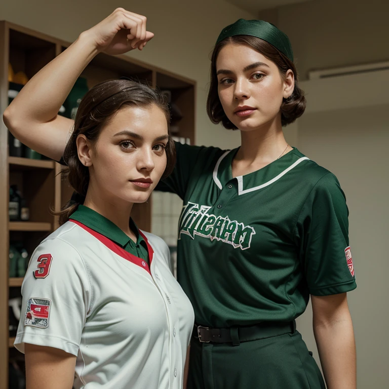 Please create an original designed baseball uniform stylized as a 1940s uniform in green, red and white