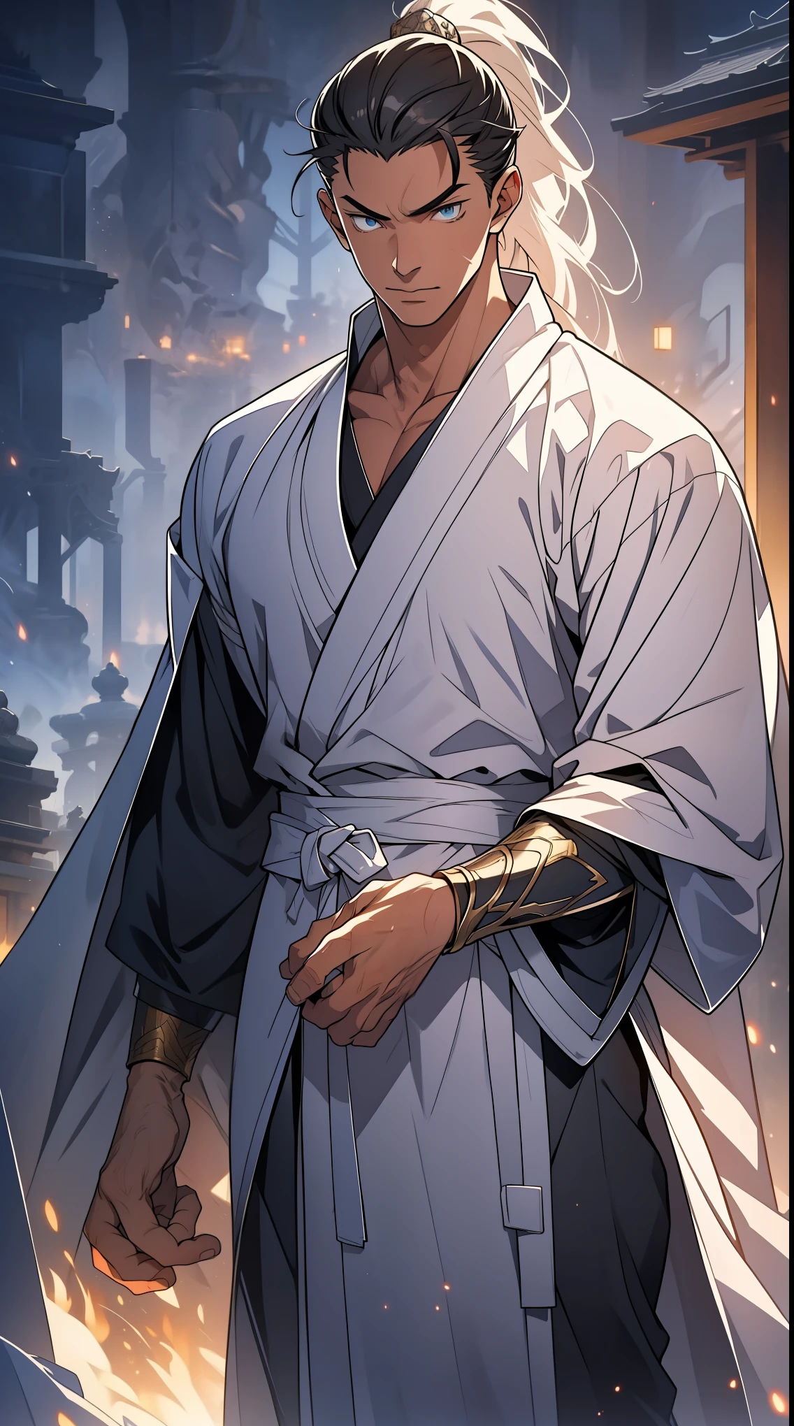 Two dimensions，anime style，one person（male warrior），proportions are correct，facial details，swordsman，high ponytail hairstyle，neck detail，Have an Adam&#39;s apple，White robe，joke，white robe，clothing details，transfer，long sleeves，Game quality，fencing，Ray tracing，Ray tracing，Detailed glow，CG rendering，hair details，long white hair，blue eyes，Handsome，Handsome，（Youthful feeling），Clothing is complicated，Perfect composition，refine，high quality，higher details，many details，Complex background，a sense of atmosphere，