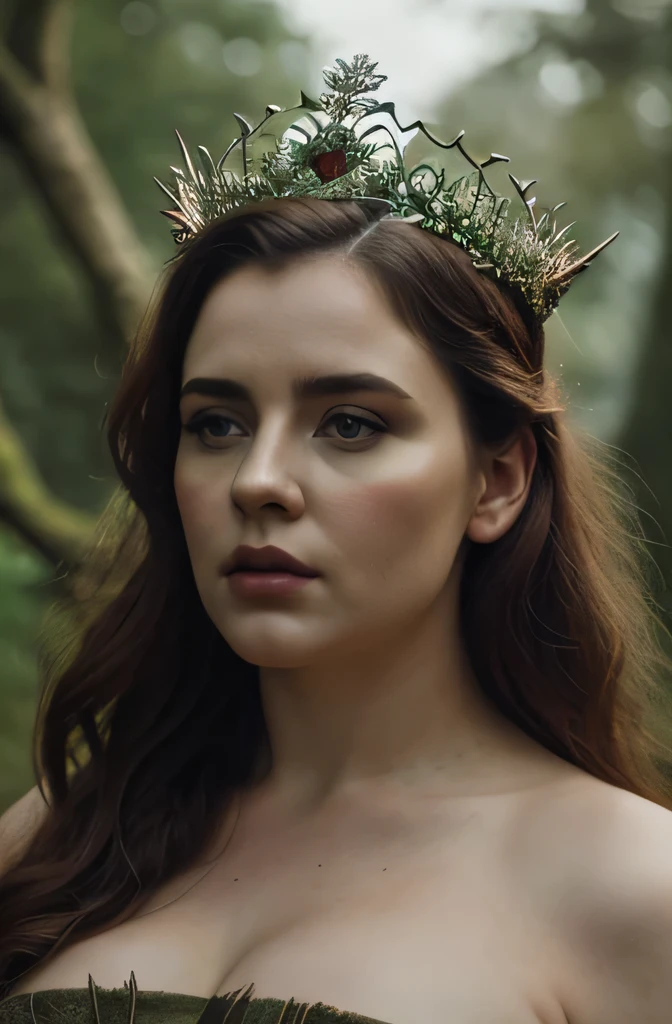photograph of a majestic grotesque Irish young beautiful woman, voluptuous, wearing ancient crown made of sharp thorns and twisted branch, deep focus, movie still,