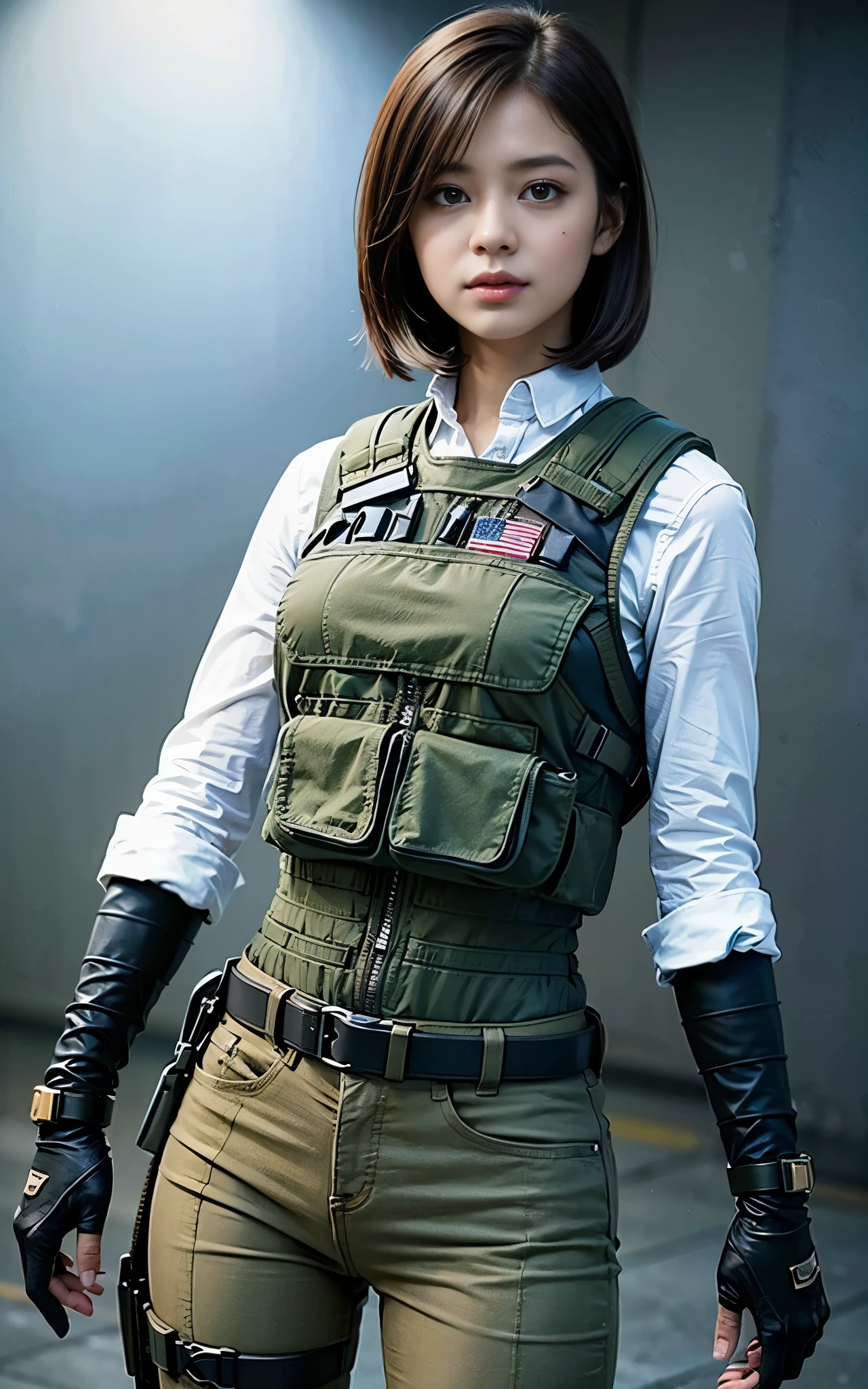 ((Best Quality, 8K, Masterpiece: 1.3)), ((best quality)), photorealistic, photorealism, 1girl aiming with an ak-47 assault rifle, Combat pose, Photorealistic, high resolution, looking to the viewer, (Detailed face), short black hair, red rubber suit, tactical vests, military harness, revealed plump thigh, Gun,black gloves, high-tech headset, Fingers are occluded, concrete wall background,