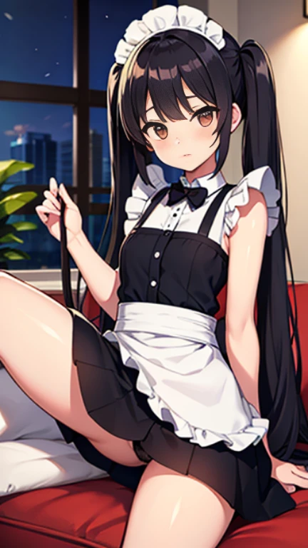 perfect anatomy, 1 beautiful girl, 24-years-old, Delivery health lady, black hair, semi long hair, twintails, cute face, Drooping eyes, brown eyes, shiny skin, cosplay, Maid outfit, miniskirt, black panties, barefoot, lift up legs, dark natural light, living room, 