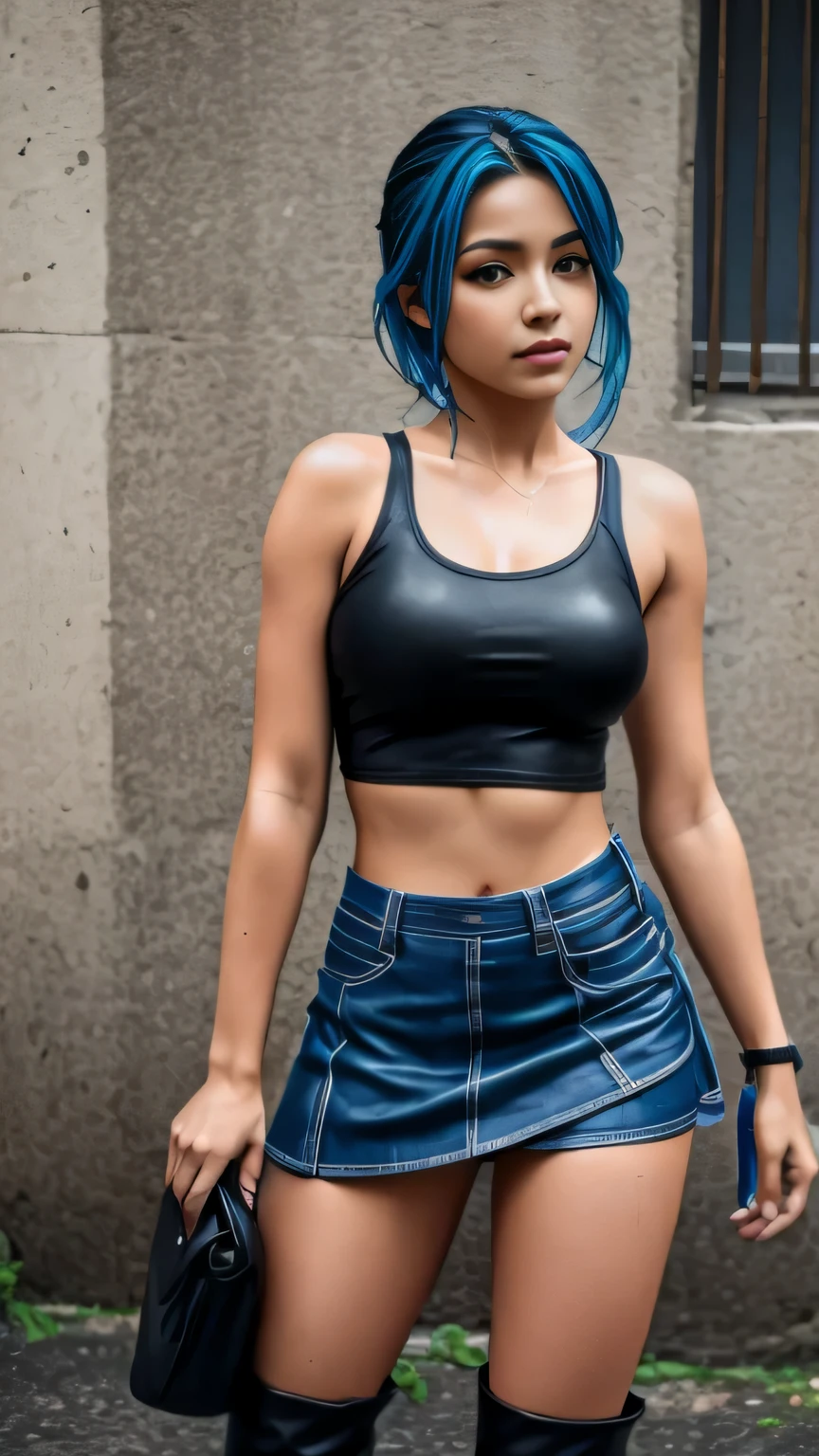 realistische Fotografie, Full-HD, Realismus, real lie, beautiful  Latina, gemischt, Blaue Haare, standing on the street, Full body, bekleidet mit Rock und schwarzem Tanktop mit schwarzen Lederstiefeln, Regen, nasses T-Shirt, medium bust, freche Brustwarzen, sexy and cute, Gesicht von MairaLopez