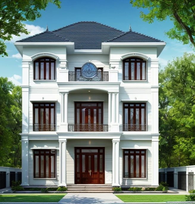 ((masterpiece,best quality,highres,sharp forcus)) (((detail forcus))) , (house in style of neoclassic) Clarify the details of moldings, decorative patterns, and exteriors